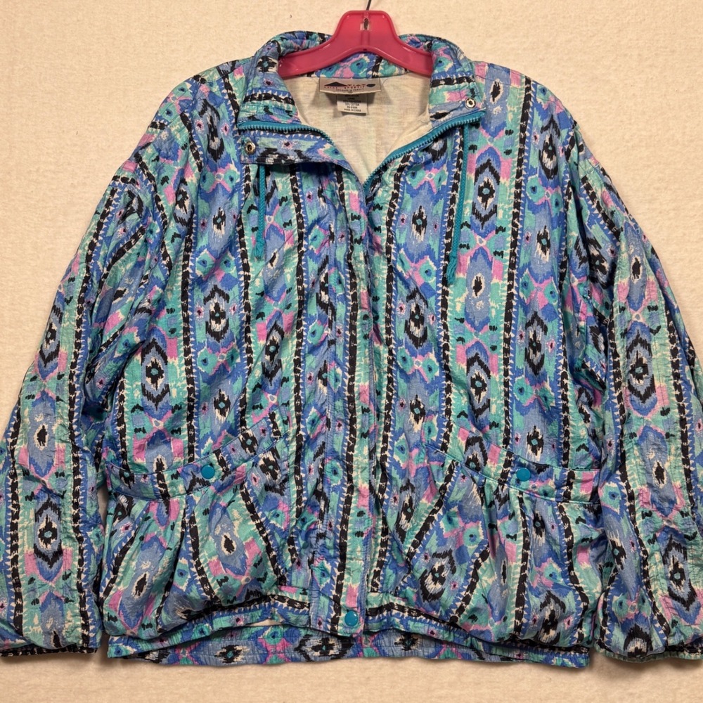 Aviat Sportif Vintage 90s Windbreaker Jacket Blue Tribal Geometric Womens Medium